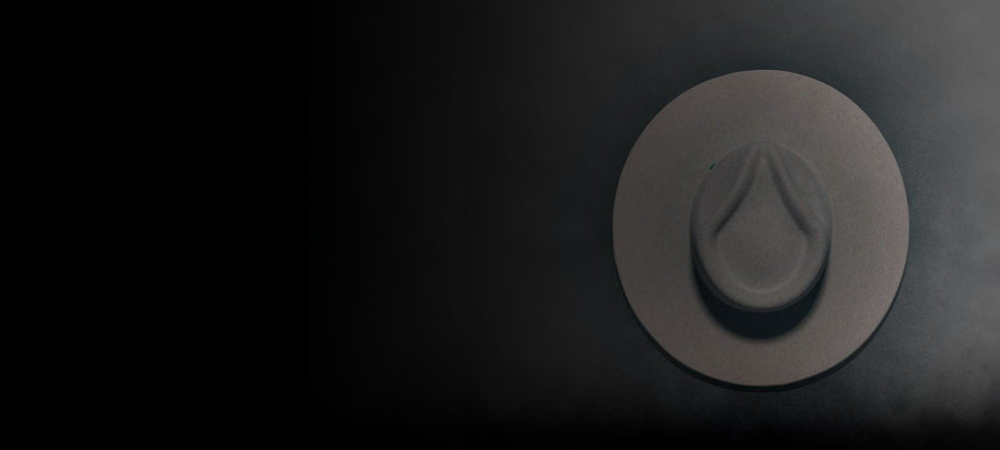 Gray felt wide-brim hat on dark background, Italian handmade hat product photo