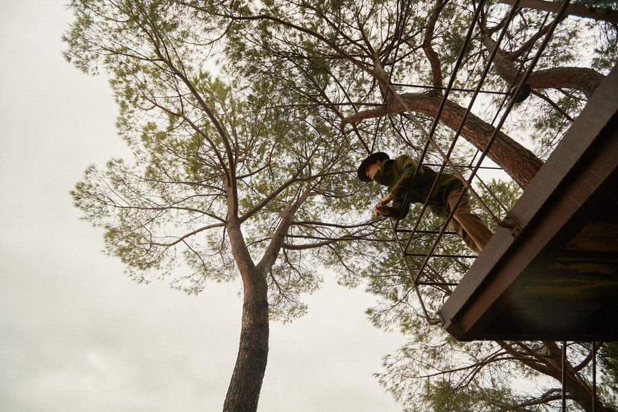 Person in a felt hat and coat standing on a metal balcony among tall pine trees