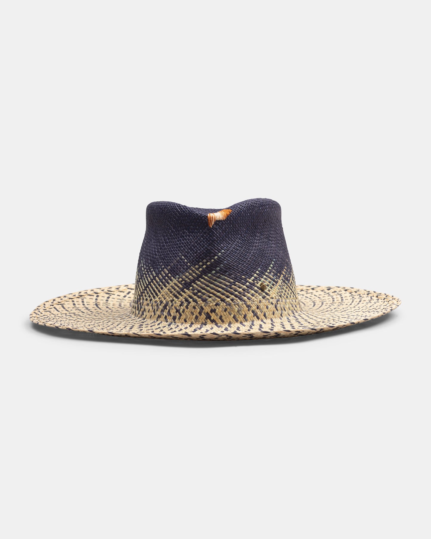 Handmade two-tone straw hat with wide brim and indigo crown, Italian panama style