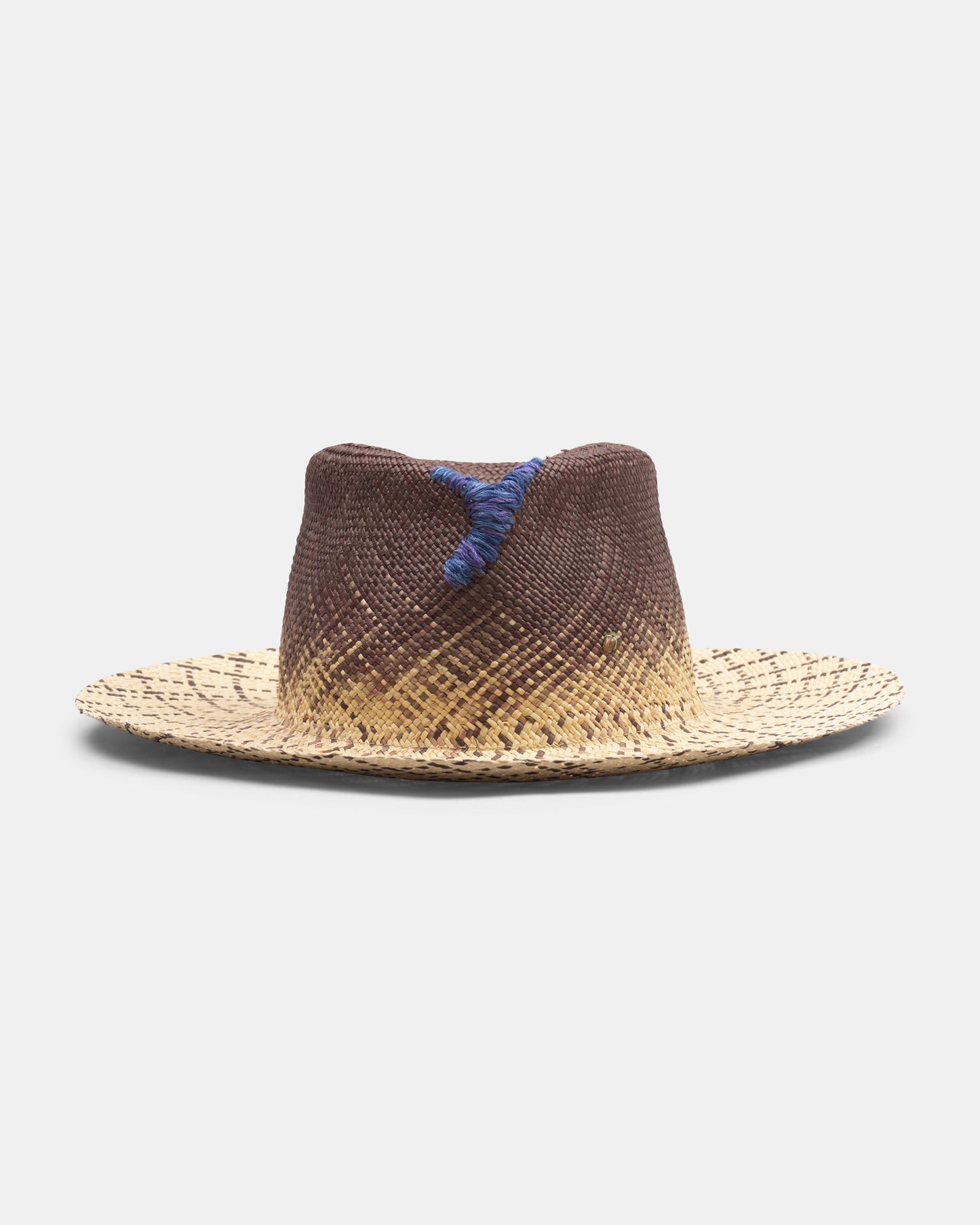 Handmade straw hat with brown gradient crown, wide brim, and blue accent detail