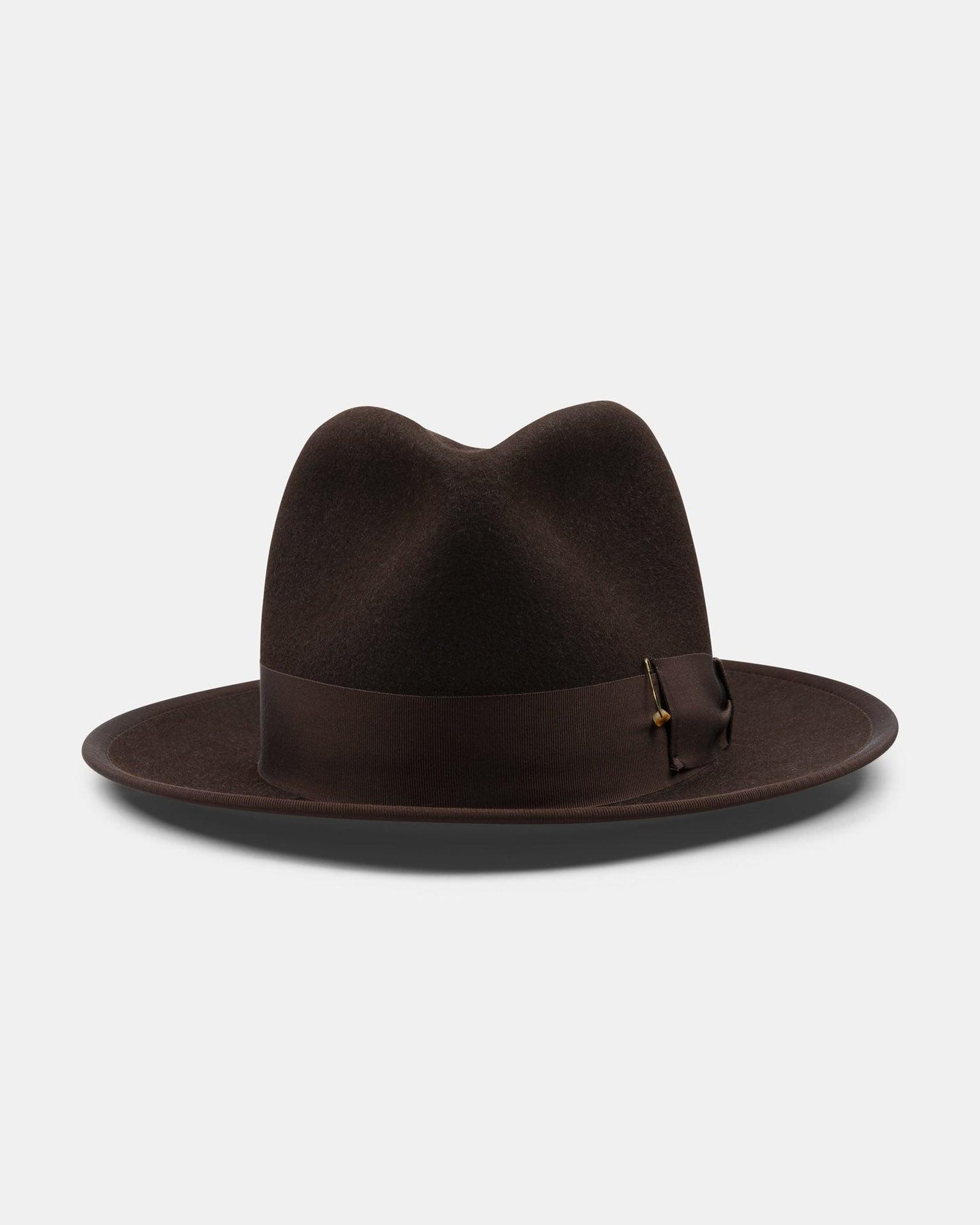 Dark brown felt fedora hat with wide brim and grosgrain ribbon band on white background