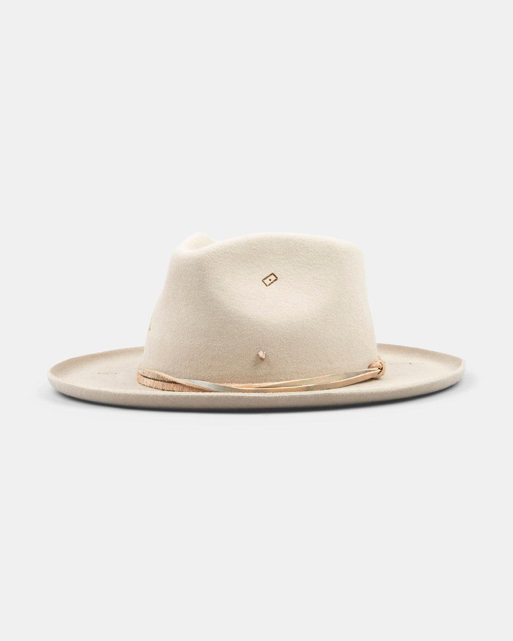 Handmade cream felt fedora hat with wide brim and natural rope band, on white background.