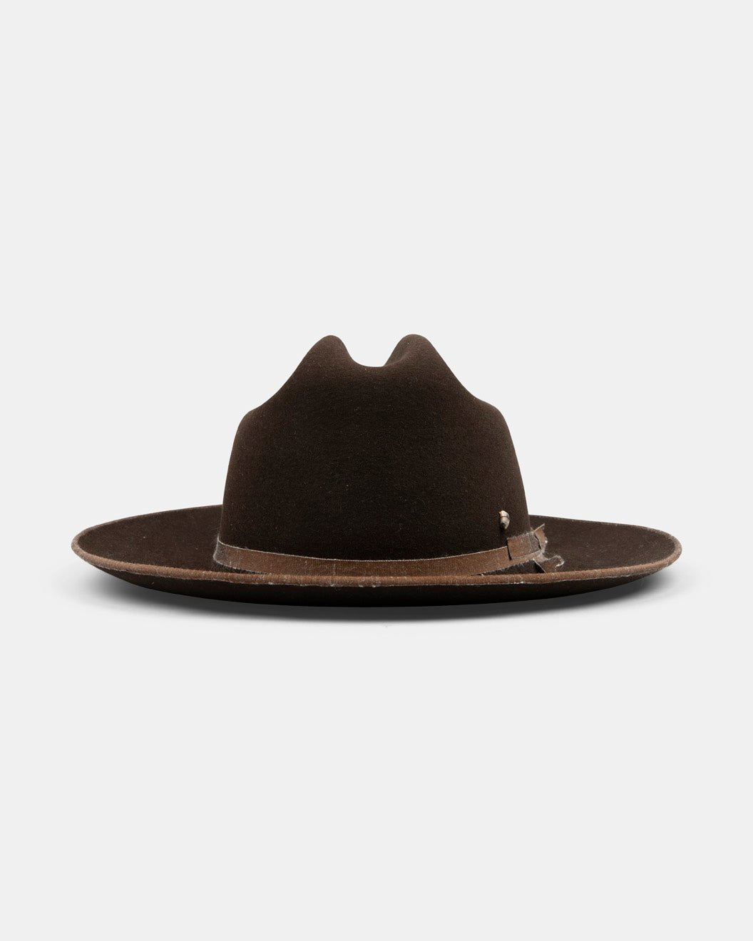 Dark brown felt wide-brim hat with distressed band on light background