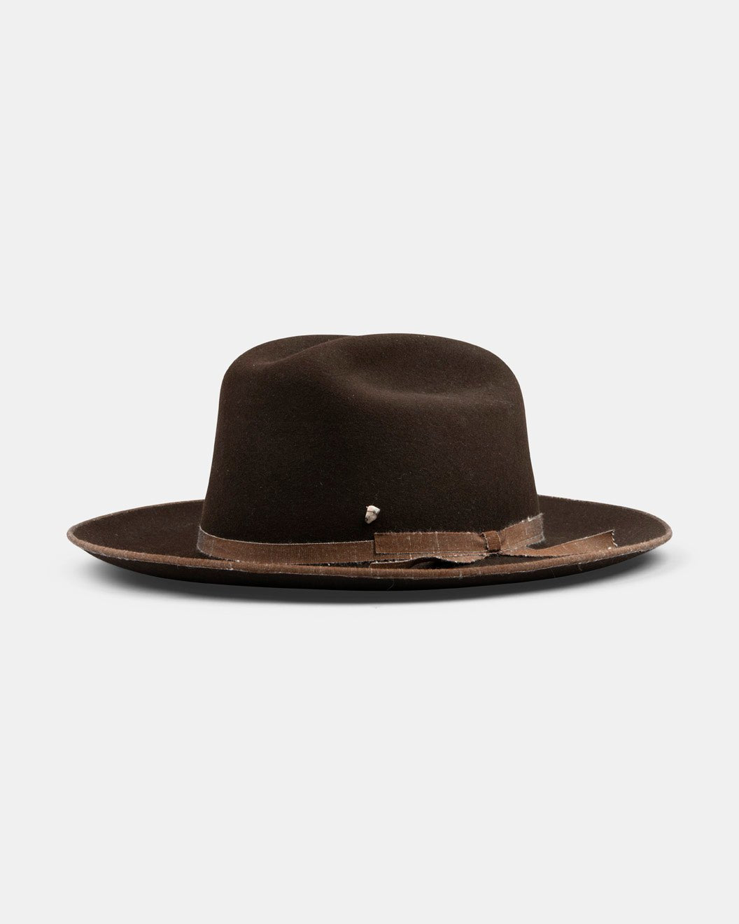 Dark brown felt hat with wide brim and distressed ribbon detail, Italian handmade style