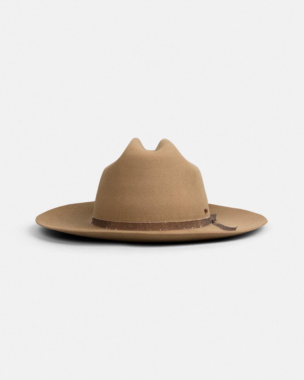 Tan felt wide brim hat with pinched crown and brown ribbon, handmade Italian style