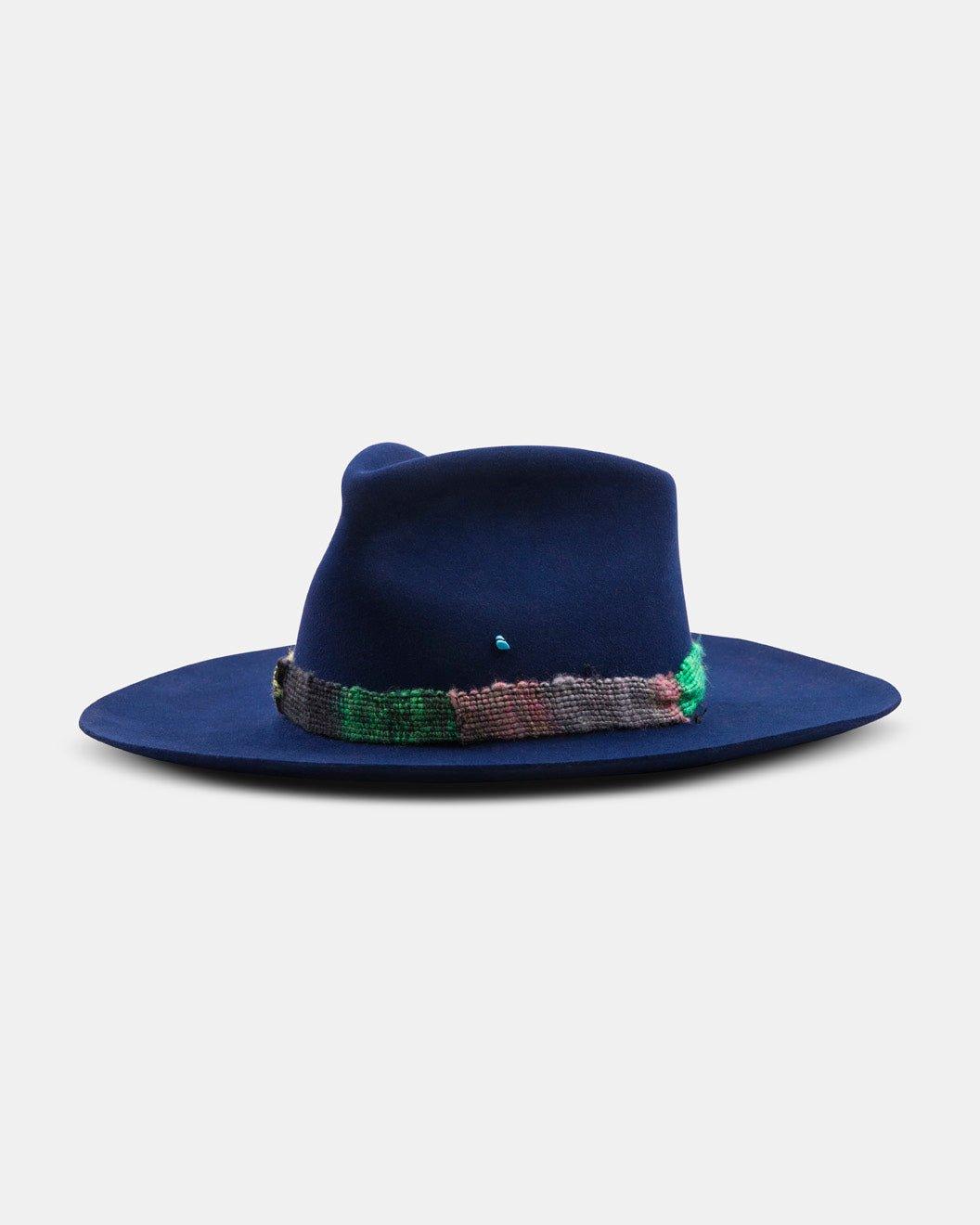 Wide-brimmed cobalt blue felt hat with multicolor woven band, handmade Italian style