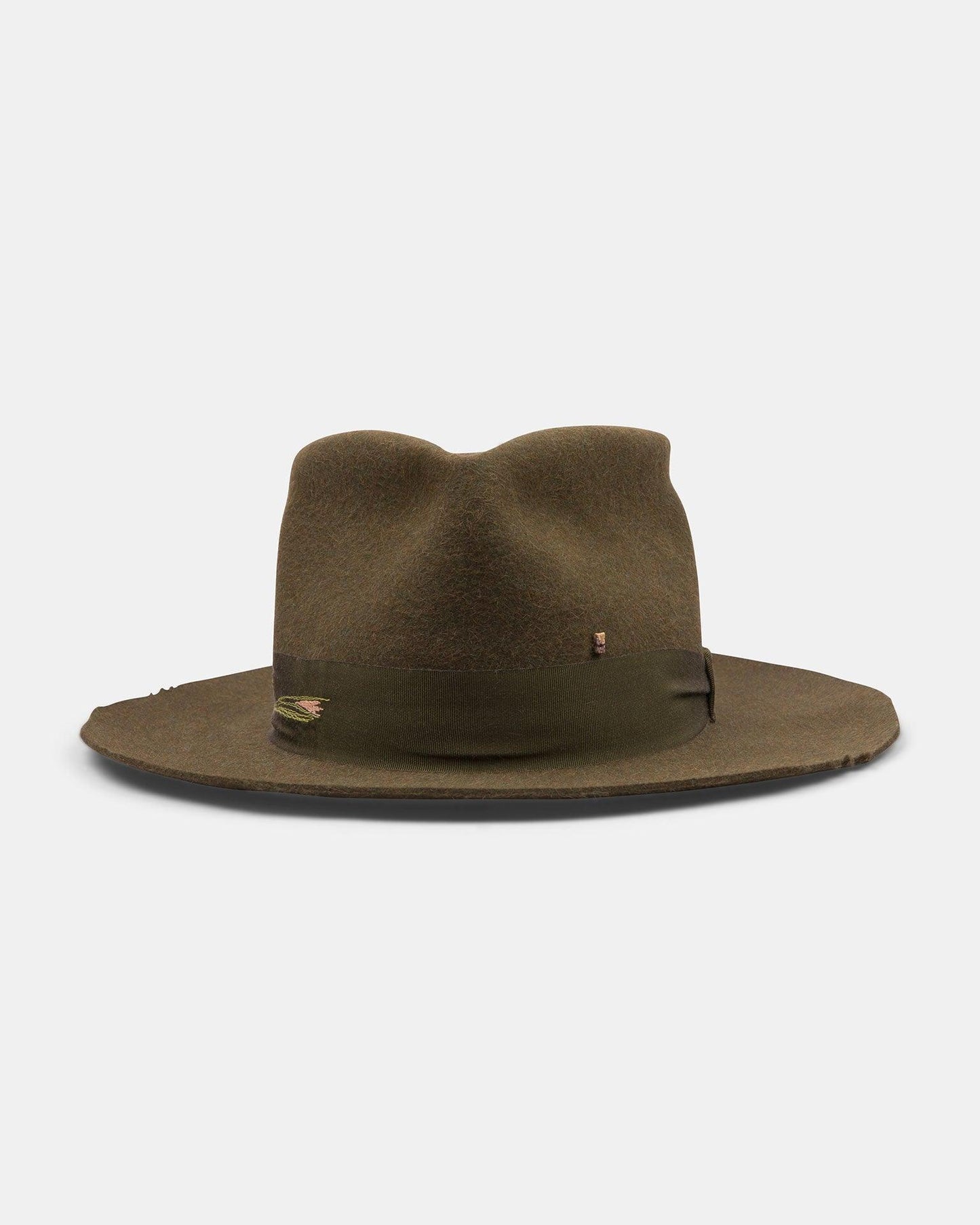 Army green felt fedora hat with wide brim and grosgrain ribbon on white background