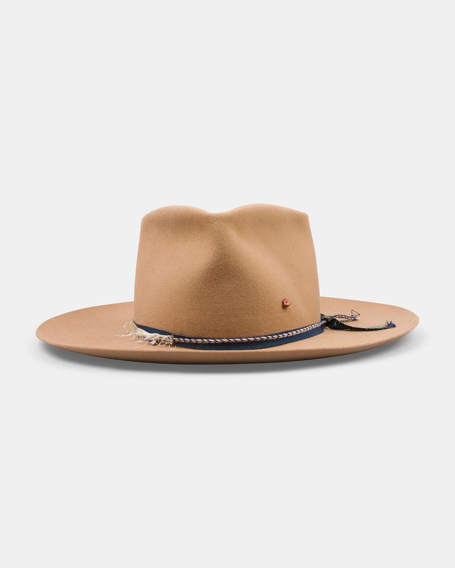 Camel wide-brim felt hat with blue braided band and frayed details, handmade Italian style