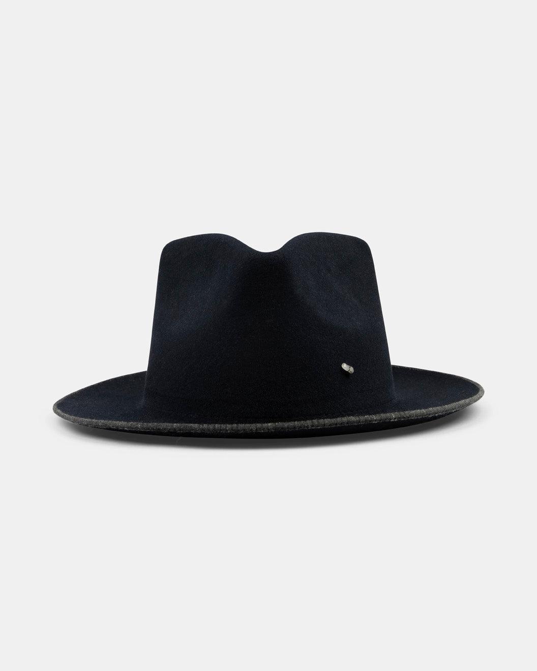 Blue felt fedora hat with wide brim and silver stud, handmade Italian style