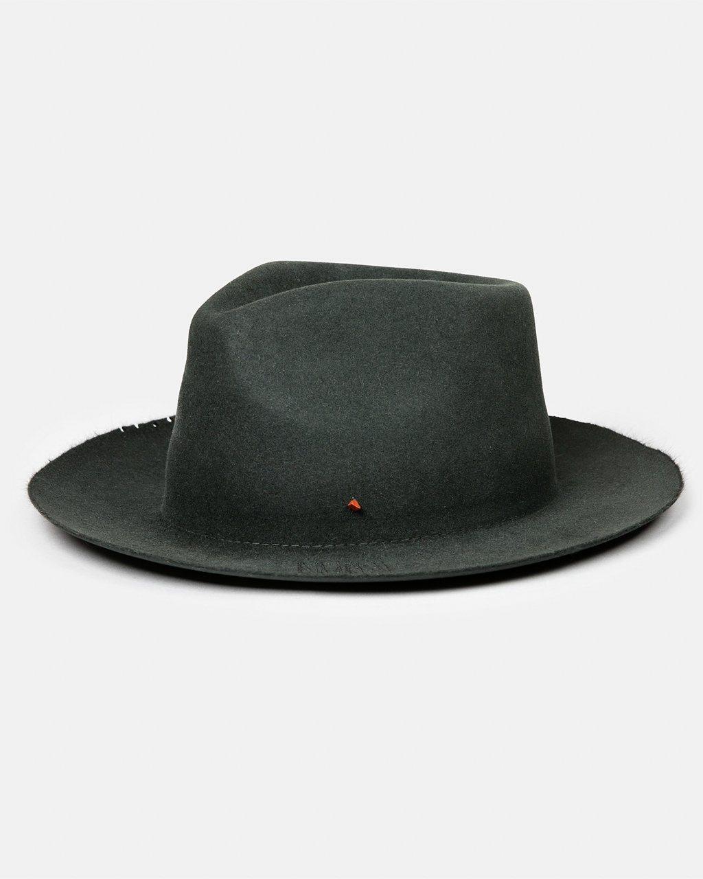 Dark green felt fedora hat with wide brim and subtle orange accent, handmade Italian style