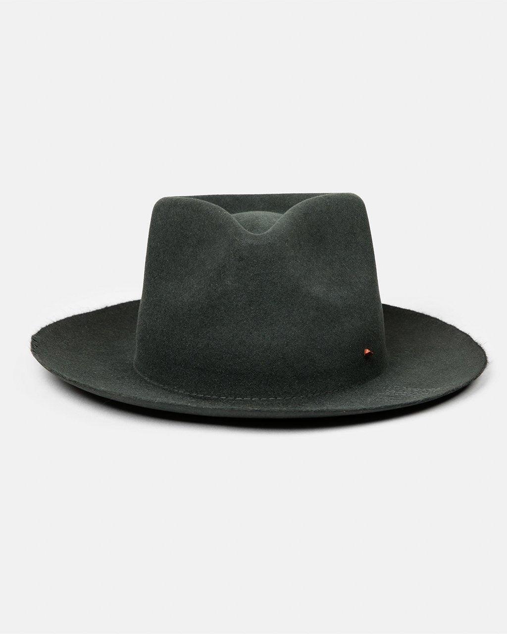 Dark green felt fedora hat with wide brim and pinched crown on plain background