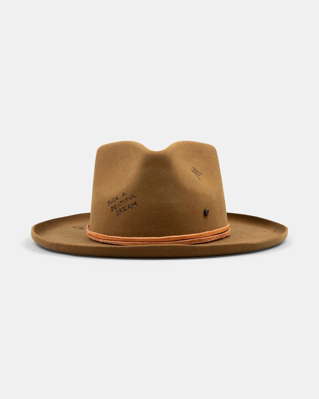 Brown felt wide-brim hat with creased crown, engraved text, and wrapped leather cord