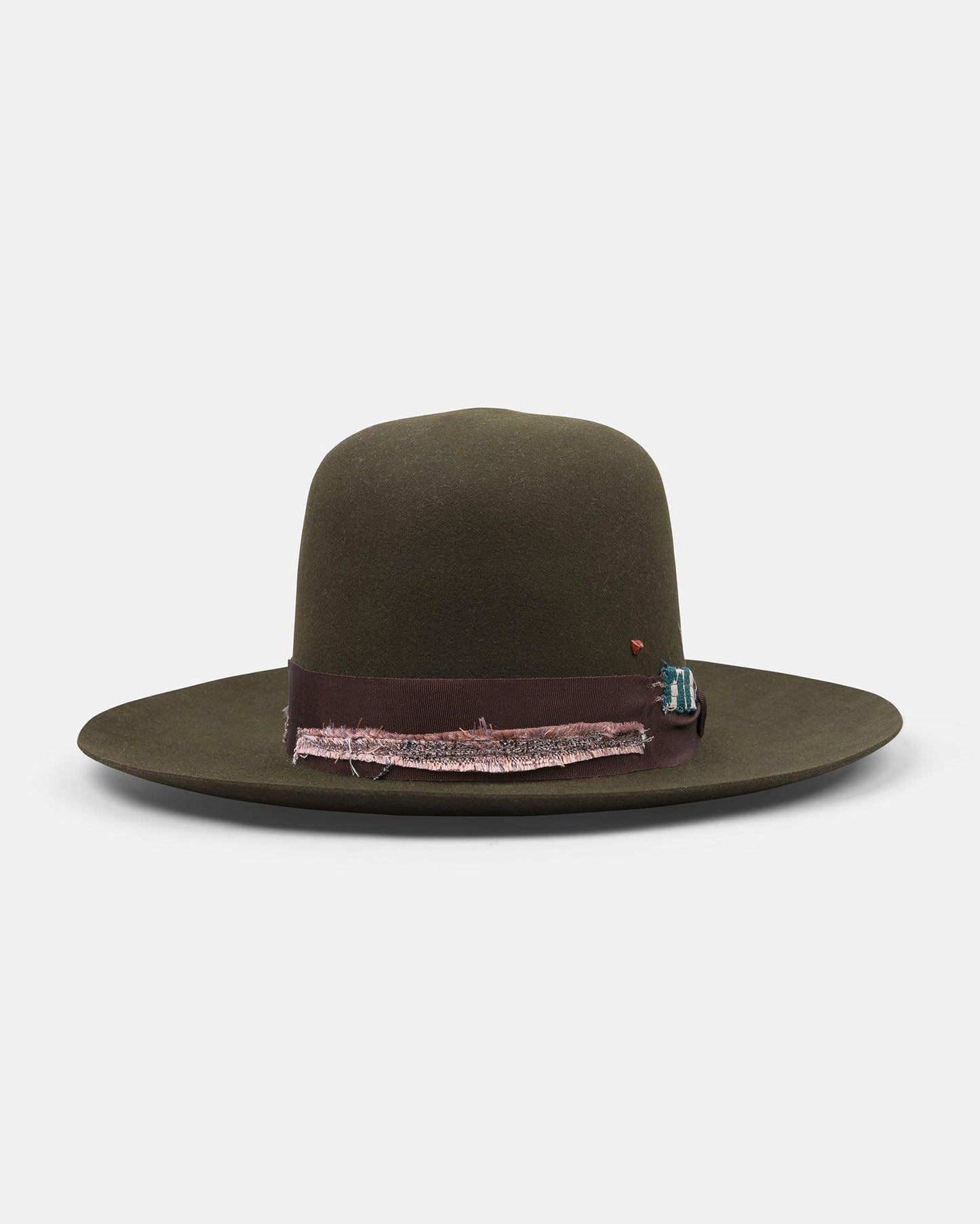 Olive green felt hat with wide brim and brown distressed ribbon band