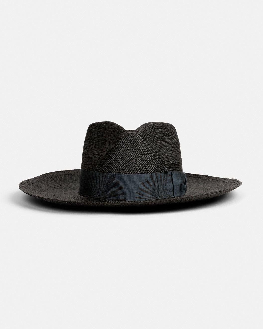 Black handmade straw hat with wide brim and black ribbon, Italian style fashion accessory