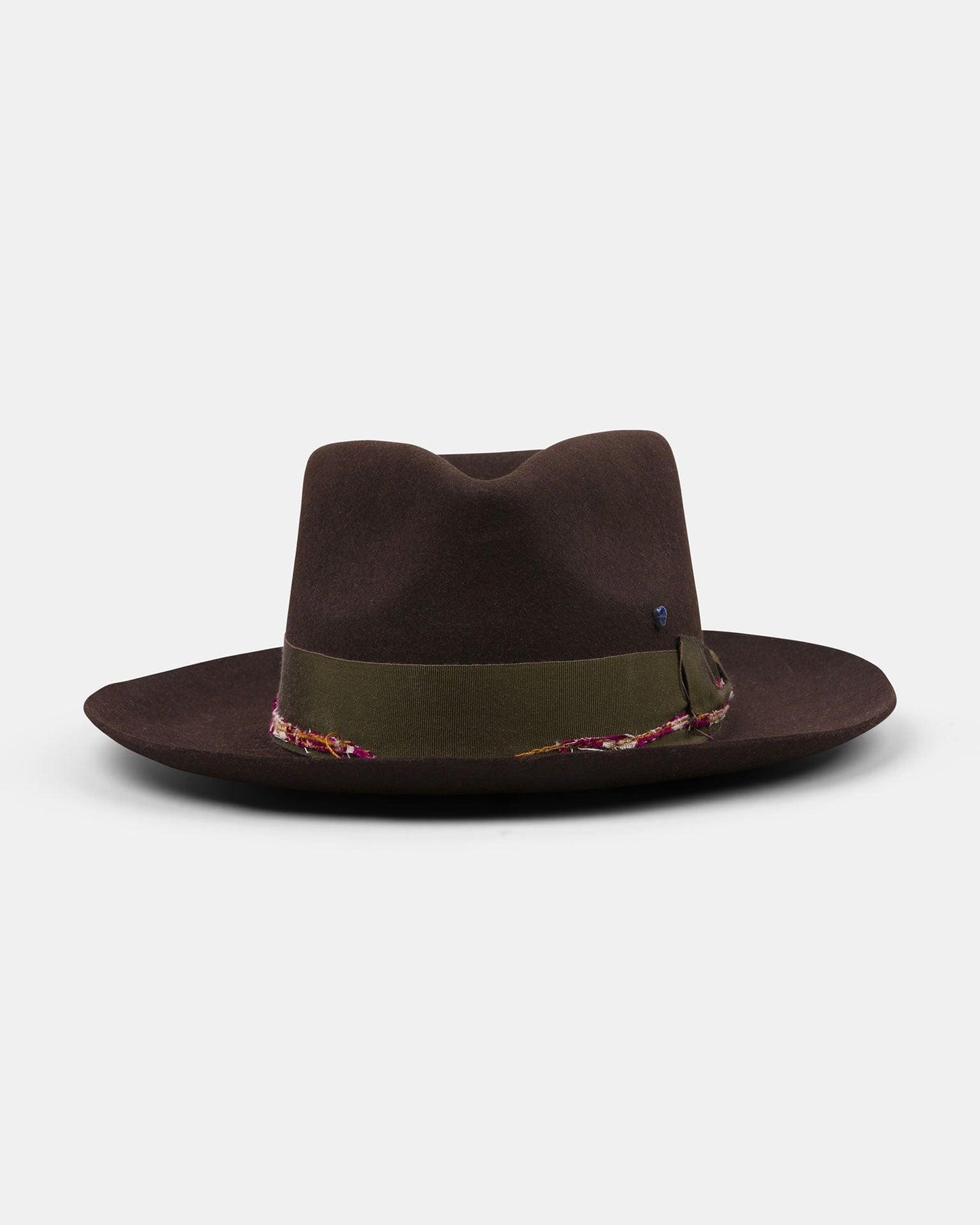 Dark brown felt fedora hat with wide brim and olive green ribbon, handcrafted style