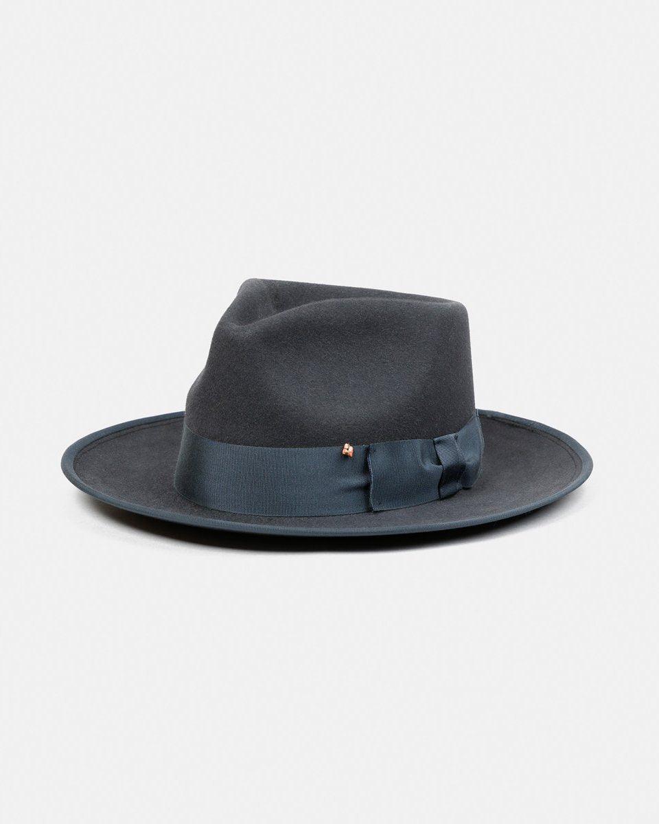 Dark grey felt fedora hat with wide brim and grosgrain ribbon, handmade Italian style