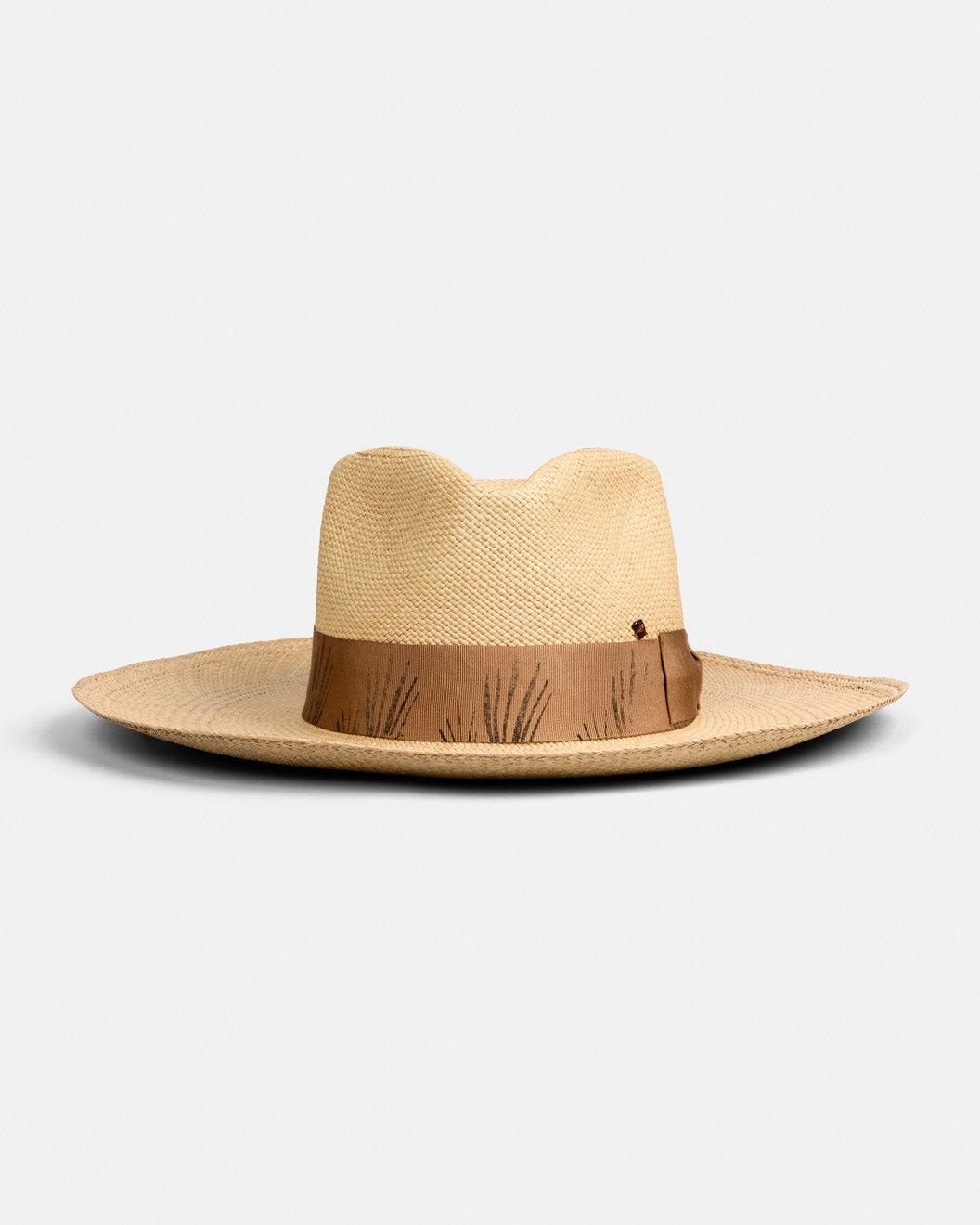 Khaki wide brim straw hat with brown decorative band, handmade Italian hat on white background