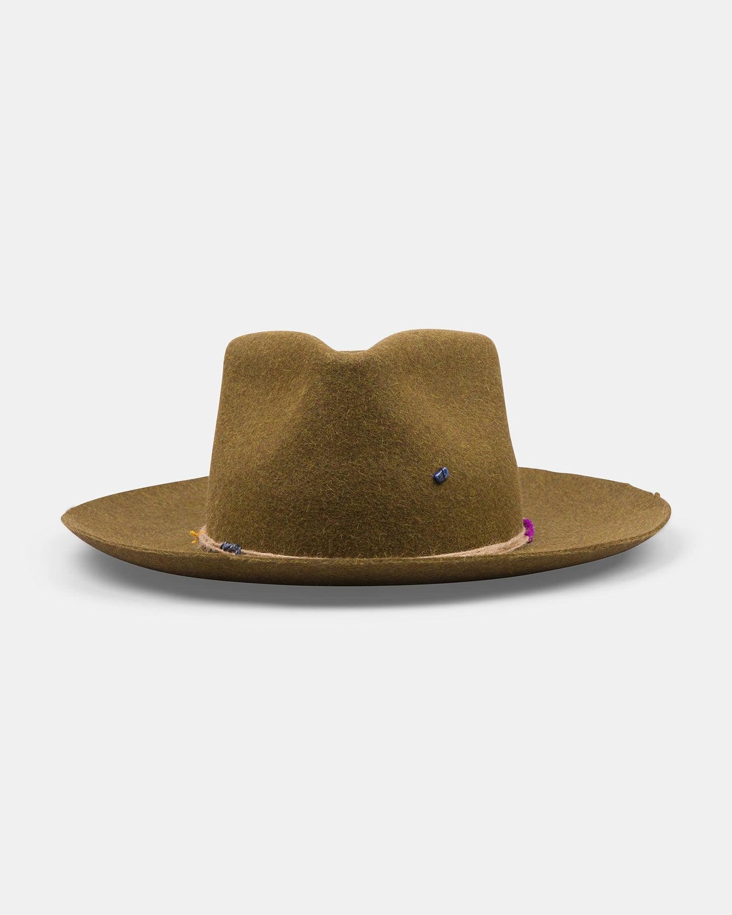 Khaki felt wide-brim hat with a raw edge, rustic rope band, and colorful stitched accents