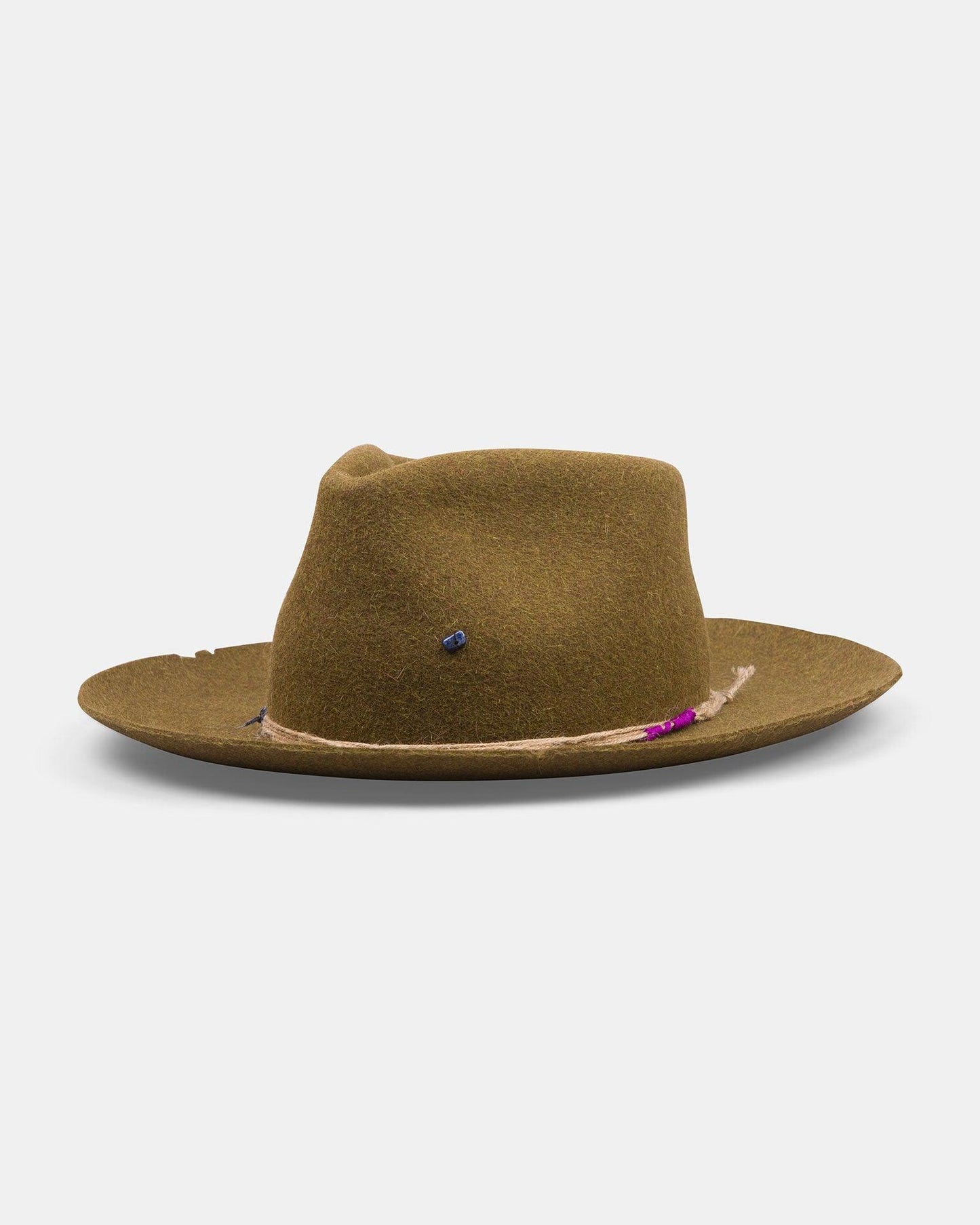 Khaki felt hat with wide brim, colorful stitching, and twine band on a plain background