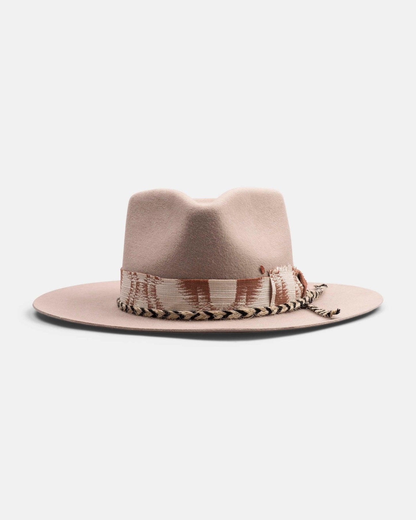 Light tan felt wide-brim hat with patterned fabric band and braided cord accent