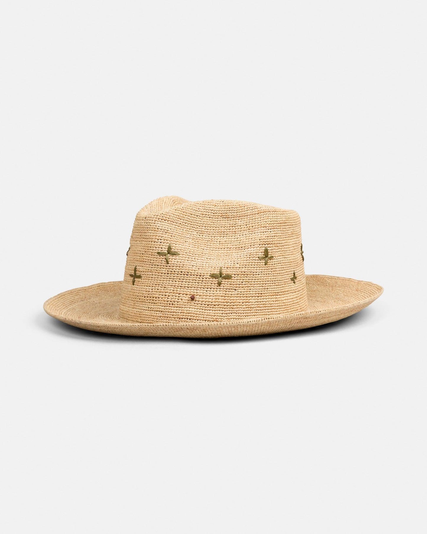 Handmade natural straw hat with wide brim and green cross stitch details