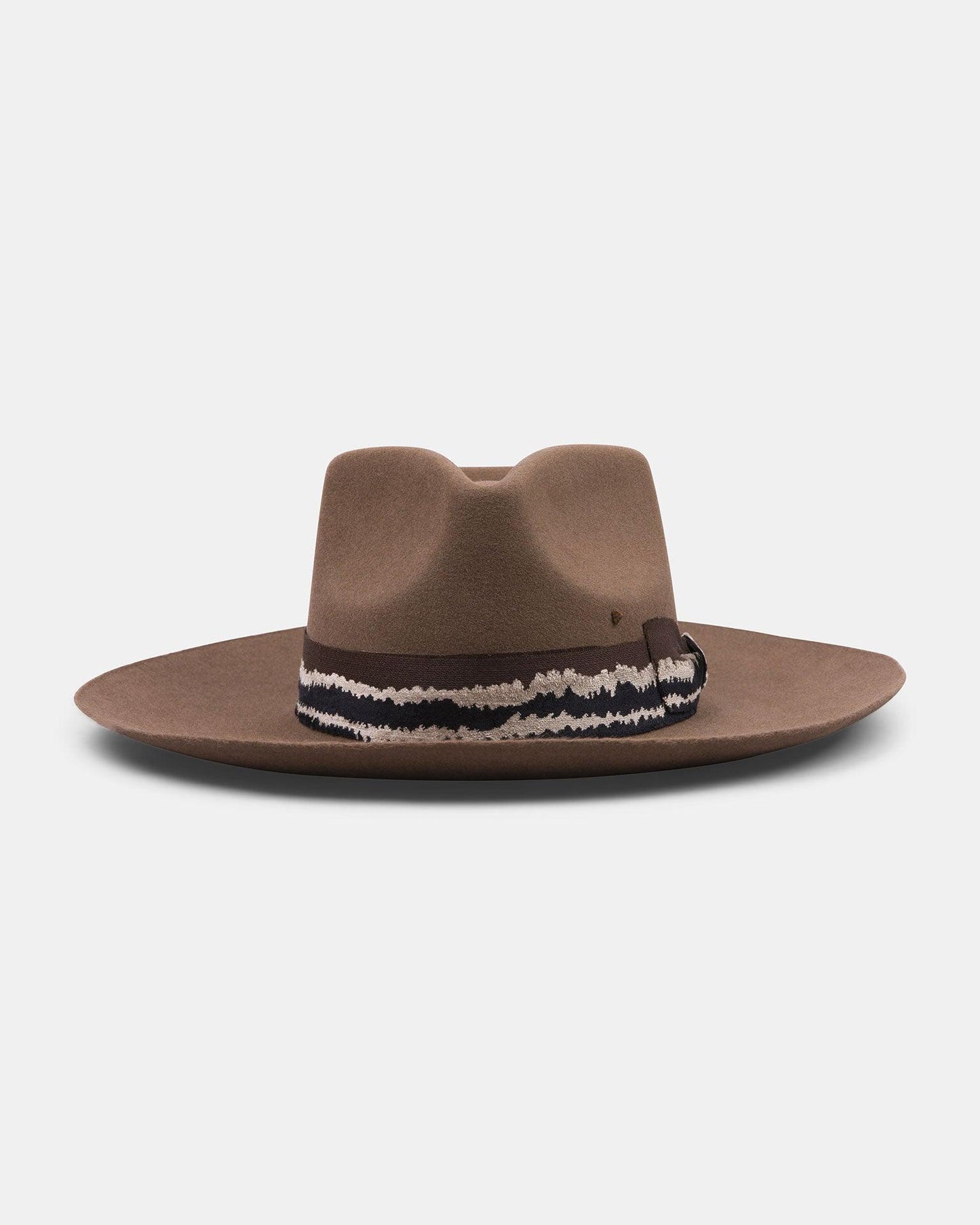 Tan wide-brim felt hat with decorative patterned band, handmade Italian accessory