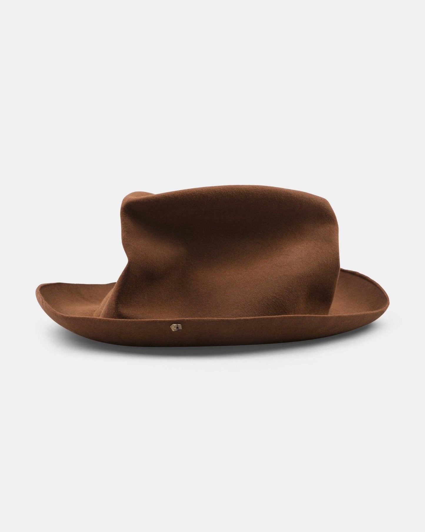 Handmade brown felt hat with a wide, floppy brim and pinched crown on a white background