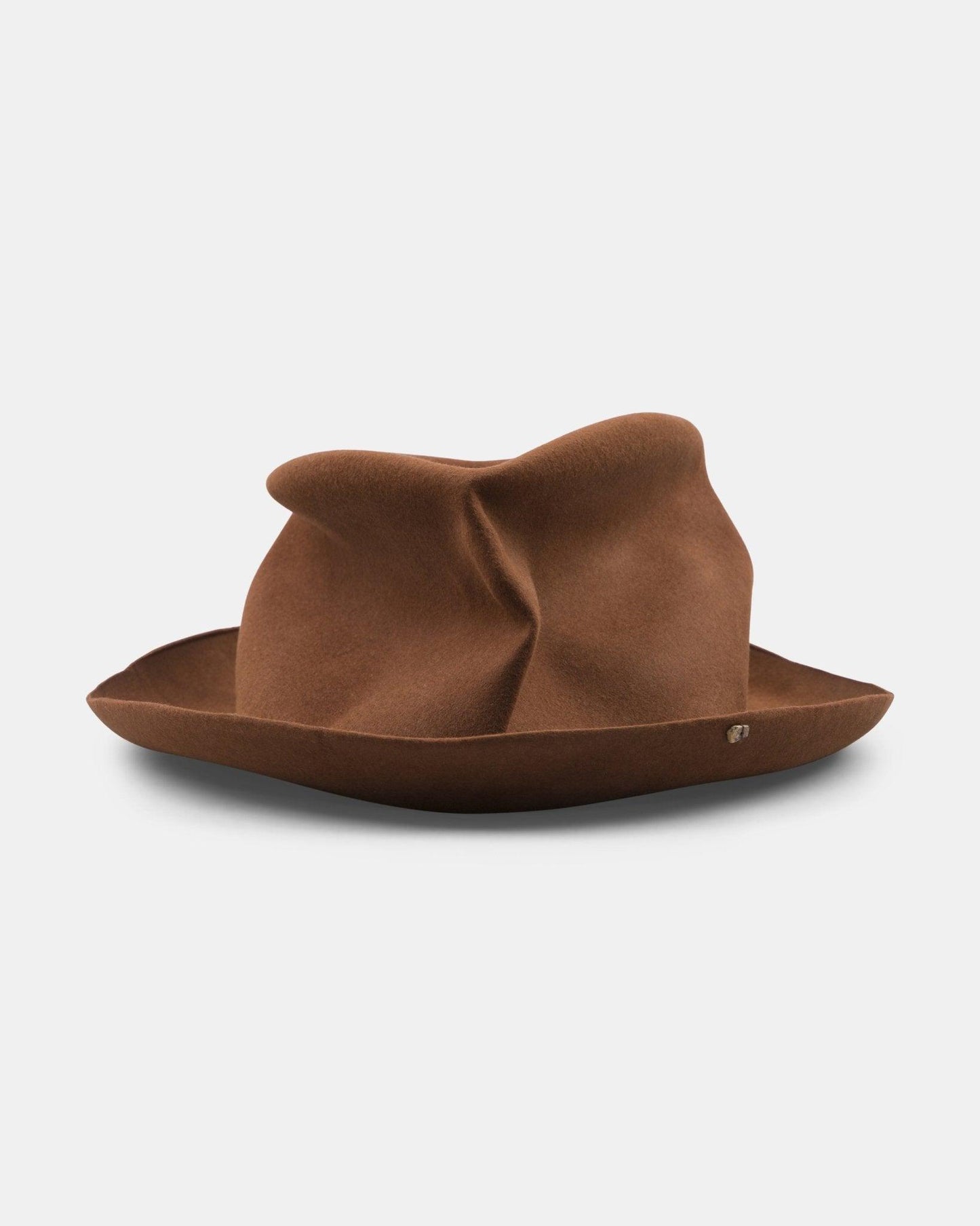 Brown felt handmade Italian hat with soft, creased crown and wide brim on white background