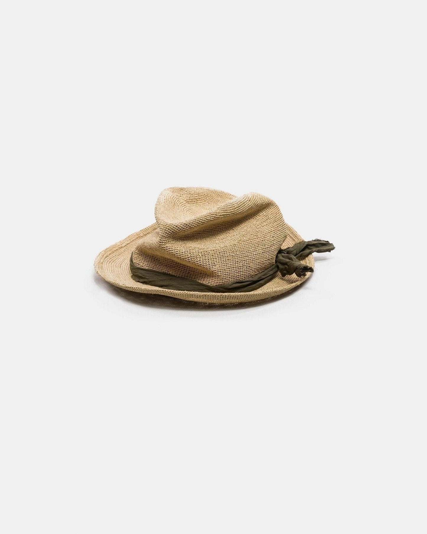 Handmade straw hat with olive green fabric band and knot, Italian style, on white background