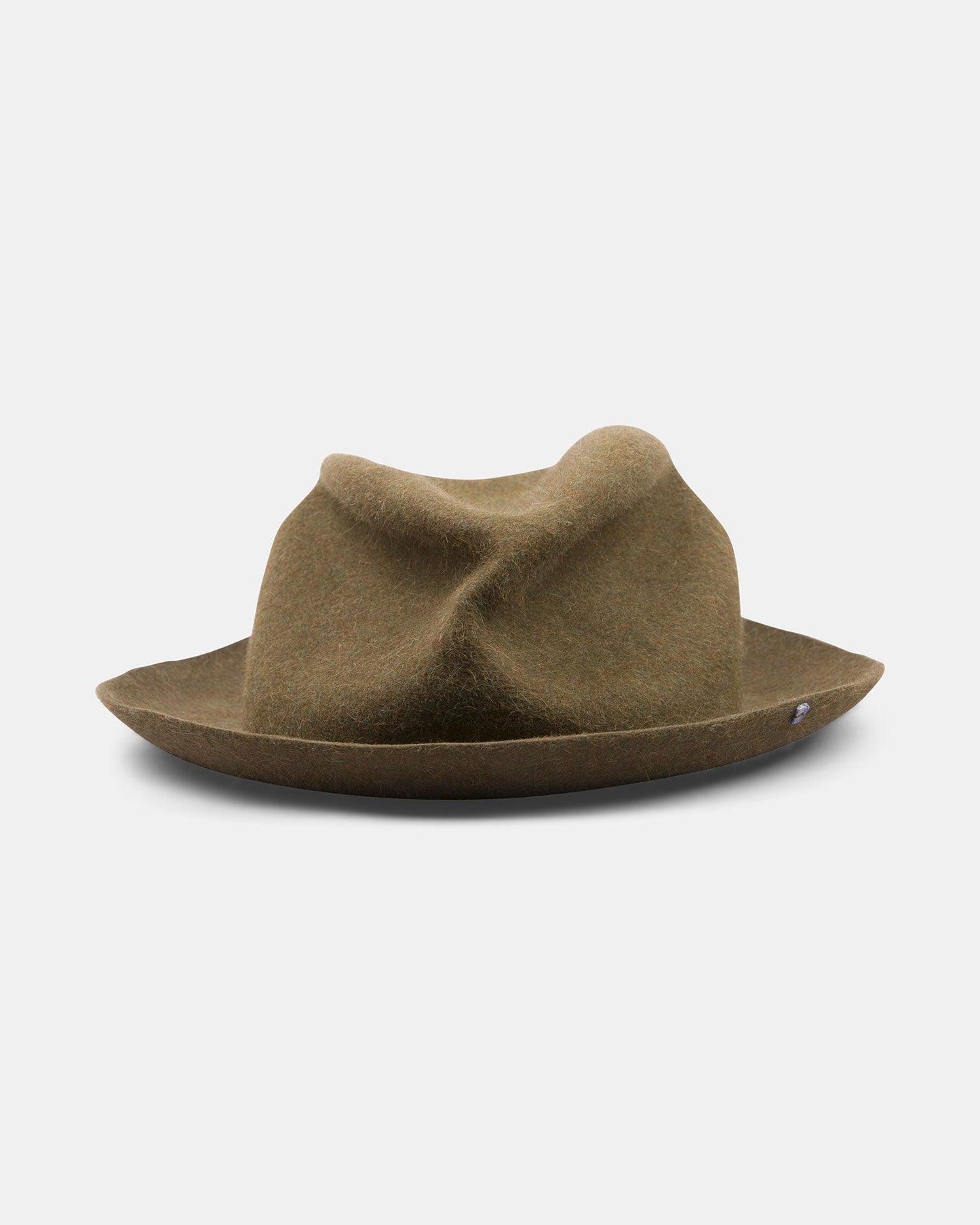 Olive green handmade felt hat with raw edge and creased crown on white background