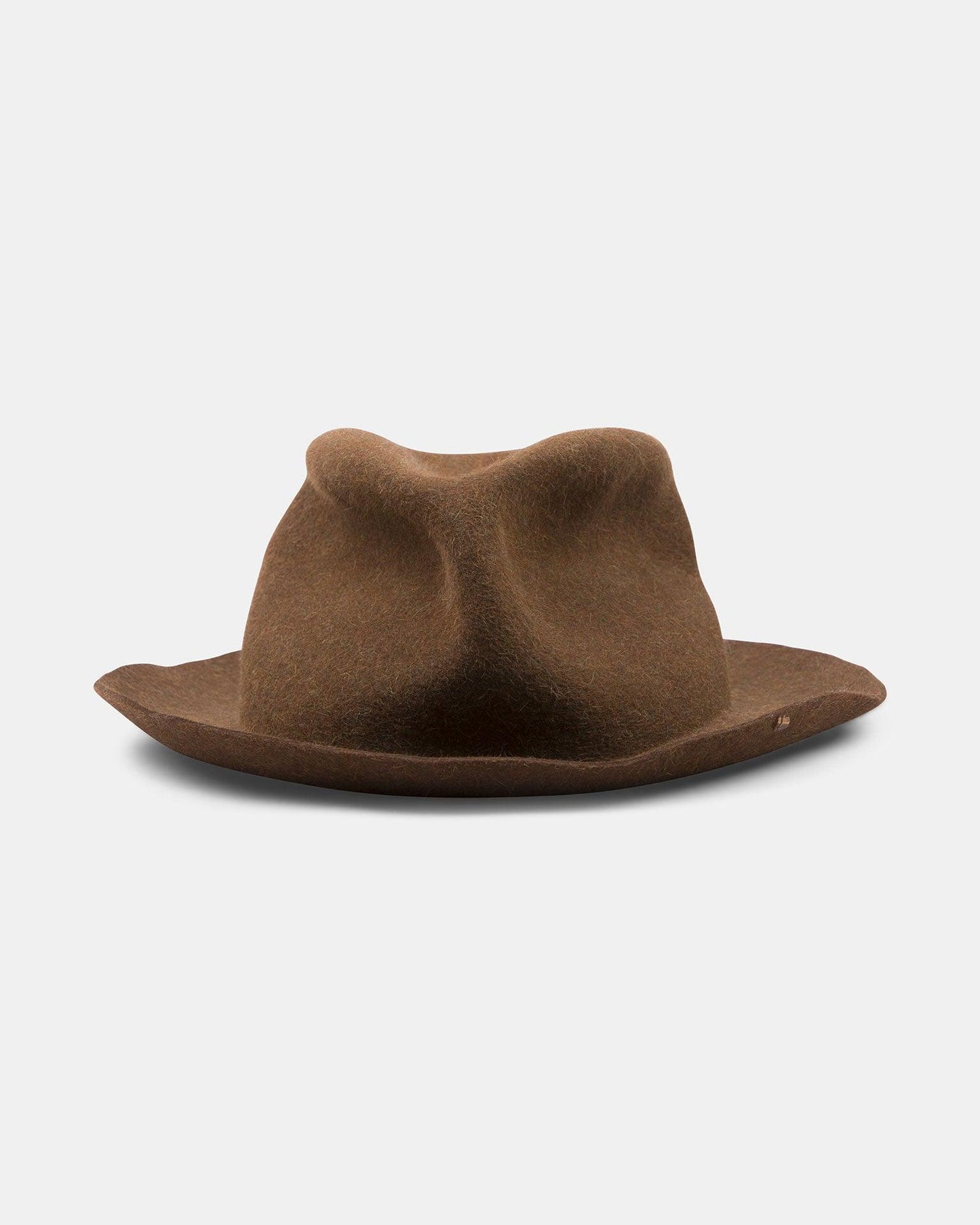 Brown felt fedora hat with wide, floppy brim and unique creased crown on white background
