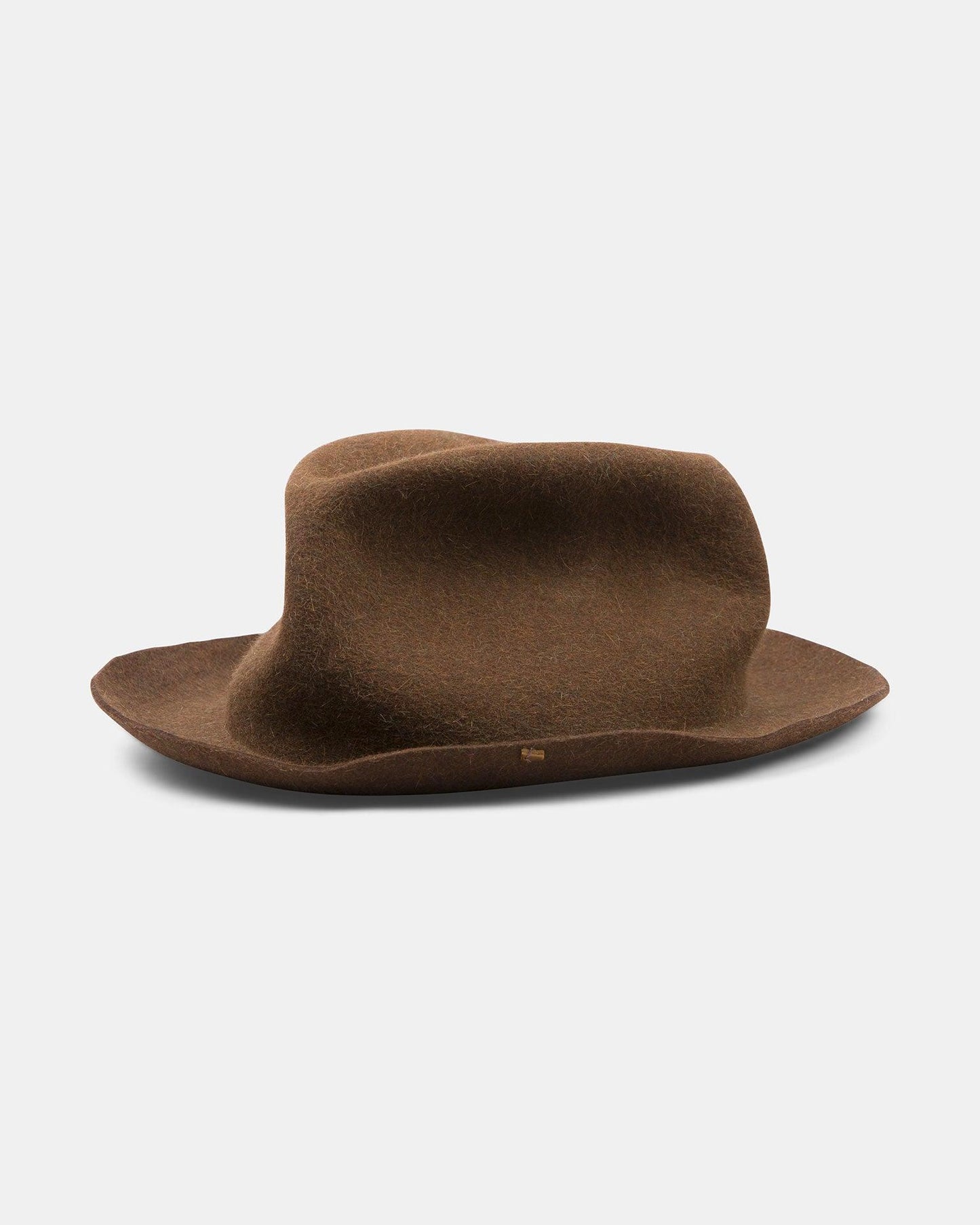 Brown felt wide brim hat with natural raw edge, handmade Italian style, side view