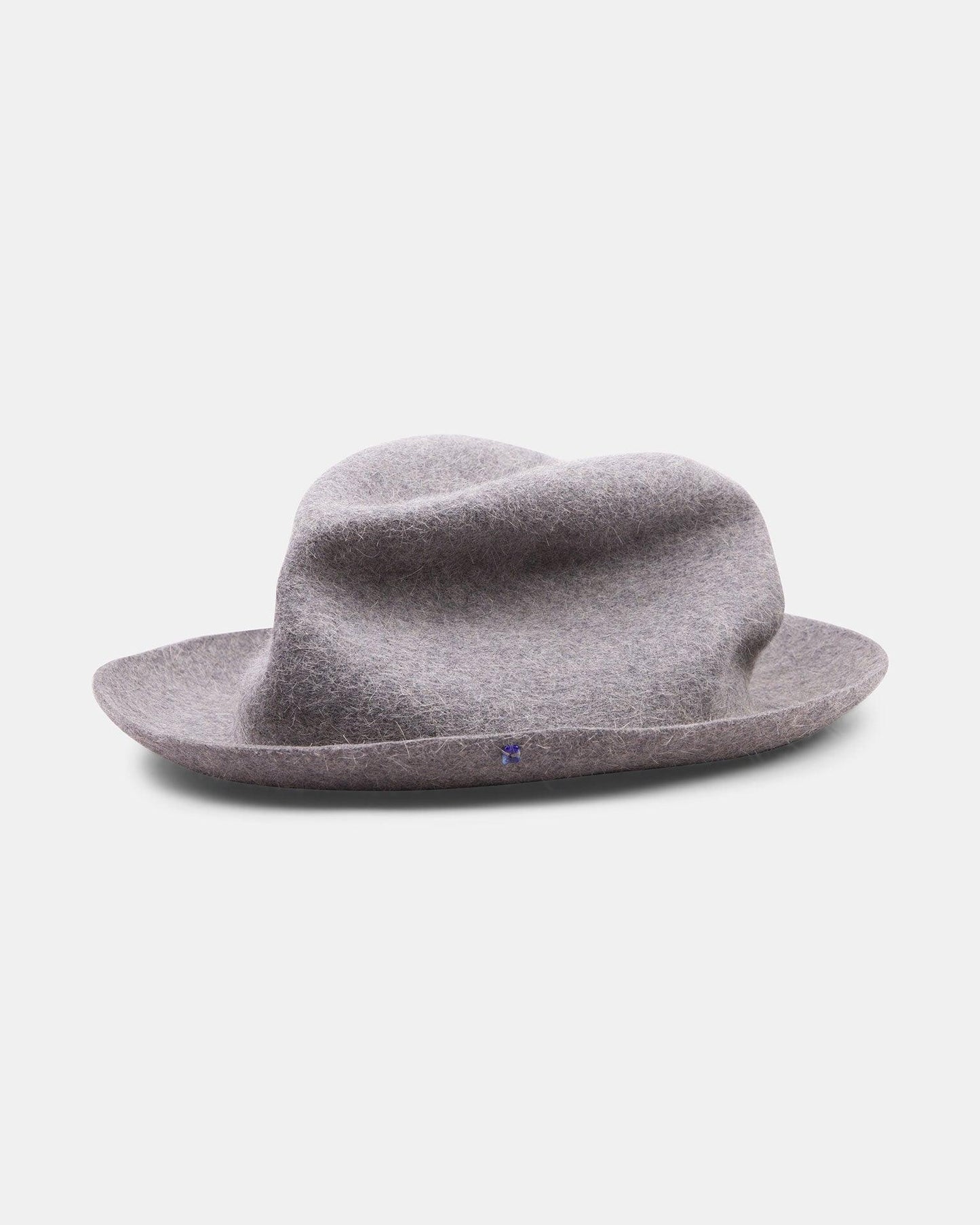 Raw stone grey felt hat with unique sculpted crown and wide brim on white background