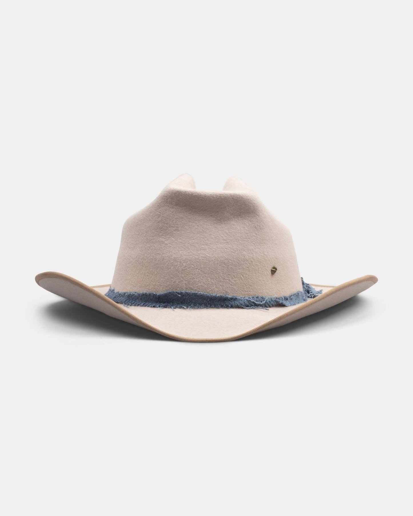 Beige felt wide brim hat with blue distressed band, Italian handmade hat on white background
