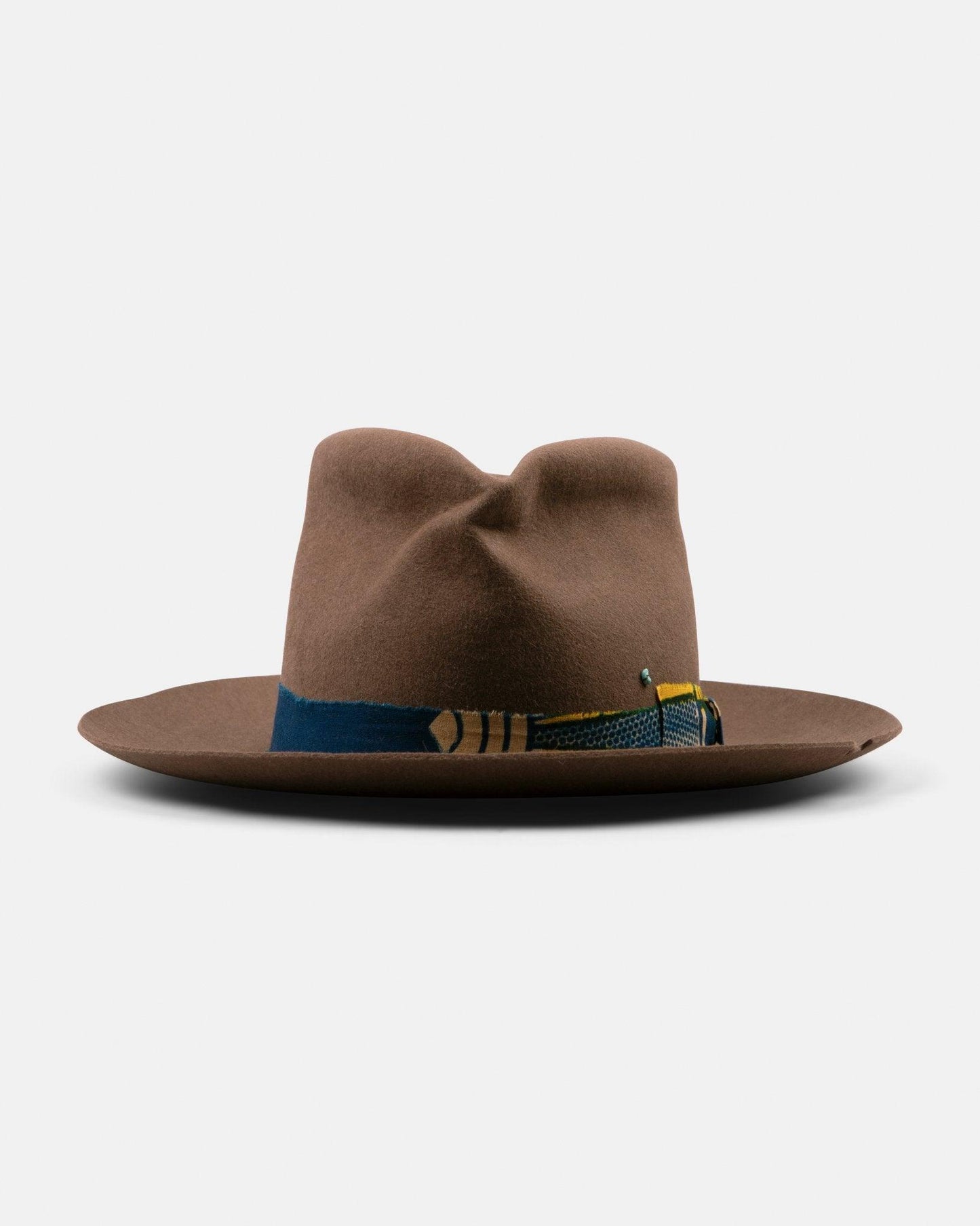 Brown felt fedora hat with wide brim and blue patterned band, handmade Italian style