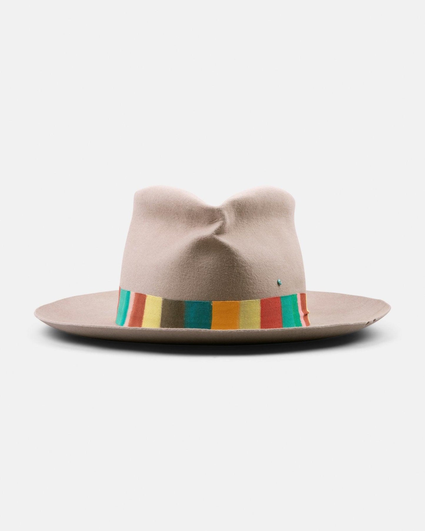 Beige felt hat with colorful striped band, wide brim, Italian handmade style on white background