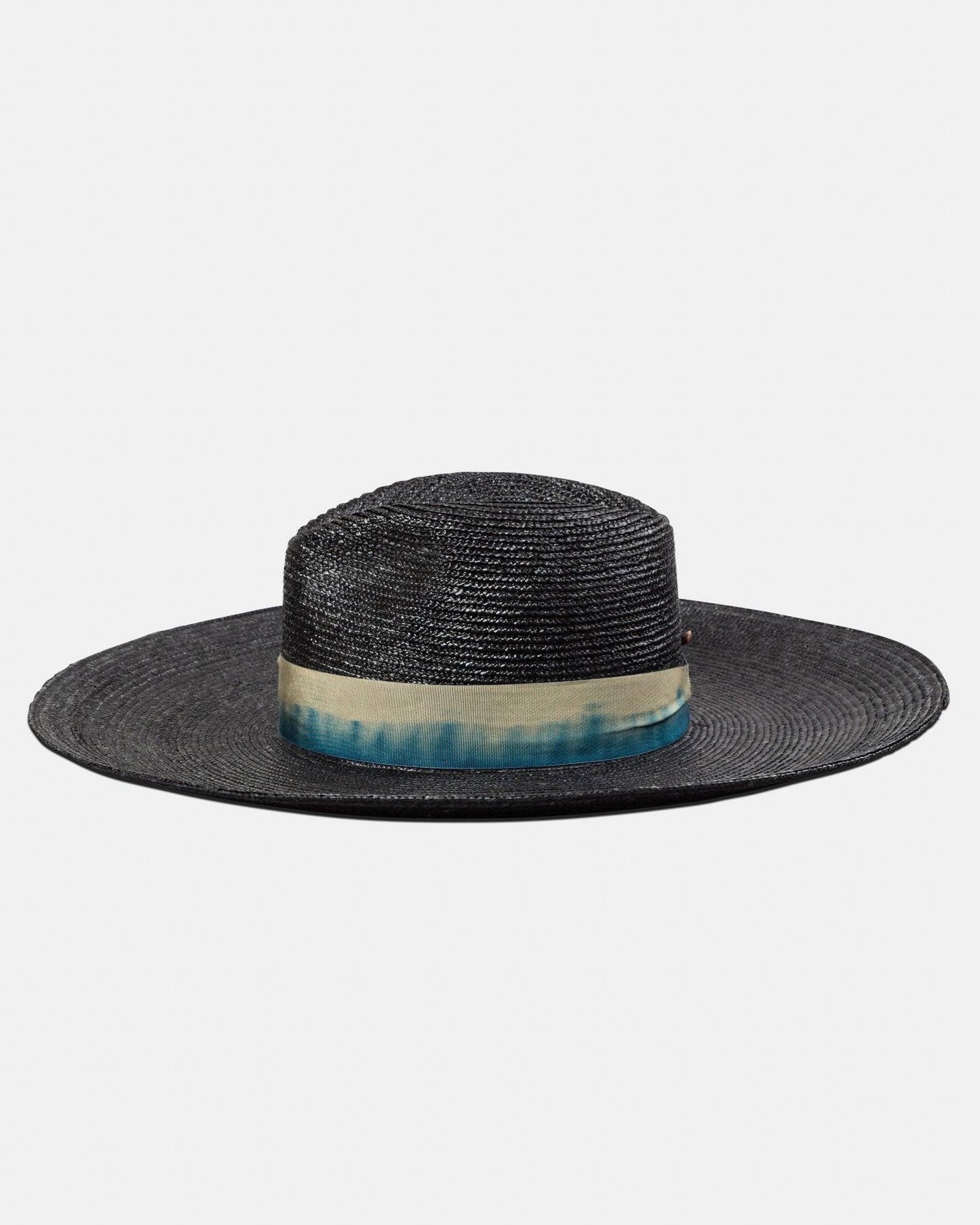 Wide-brim black straw hat with a blue and beige band, handmade Italian style