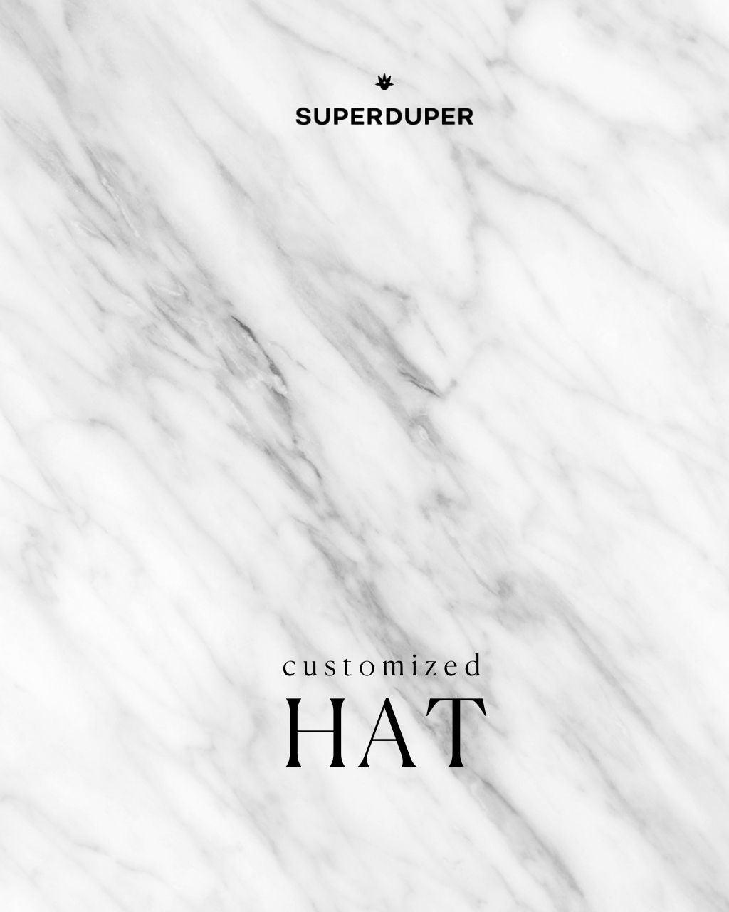 Marble background with black text reading 'customized hat' and minimalist logo at top.