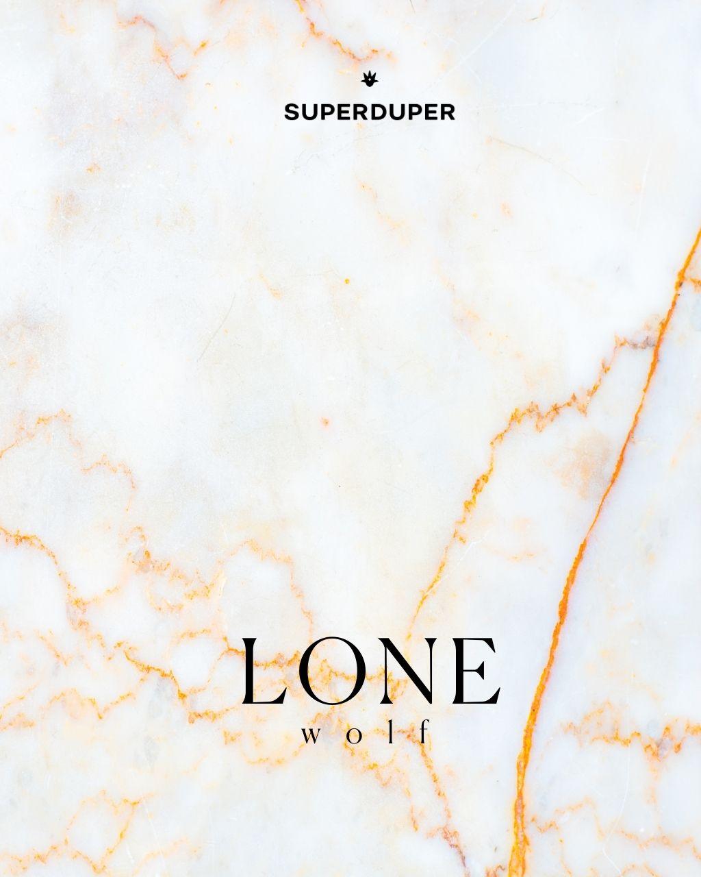 Custom hat product image with 'SUPERDUPER' logo and 'LONE wolf' text on marble background.